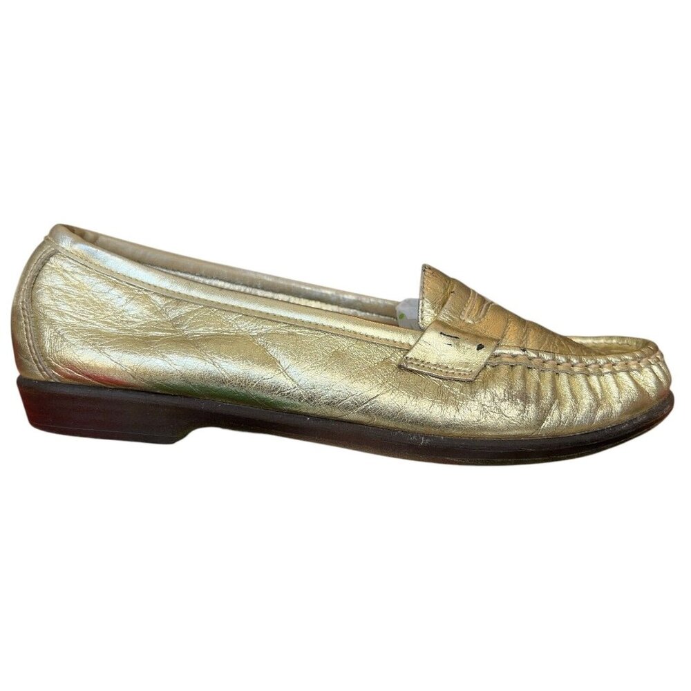 Vintage SAS Wink Metallic Gold Leather Comfort Penny Loafer Shoes Womens 7.5 M